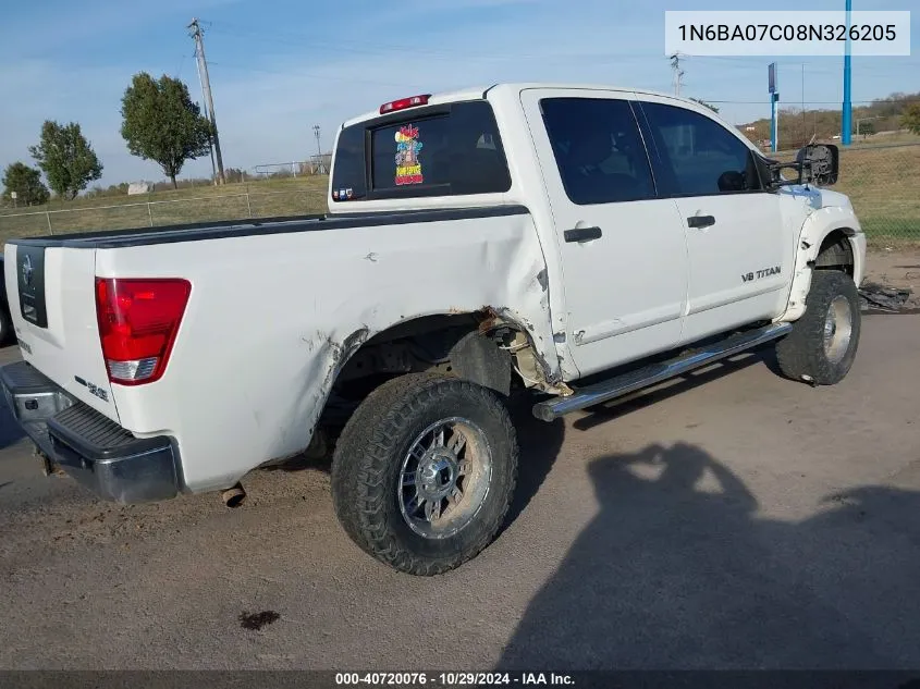 2008 Nissan Titan Xe/Se/Le/Pro-4X VIN: 1N6BA07C08N326205 Lot: 40720076