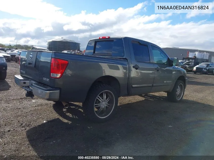 2010 Nissan Titan Se VIN: 1N6AA0ED4AN316824 Lot: 40235580