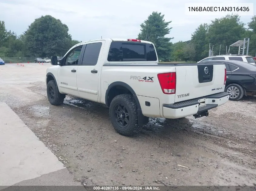 2010 Nissan Titan Pro-4X VIN: 1N6BA0EC1AN316436 Lot: 40287135