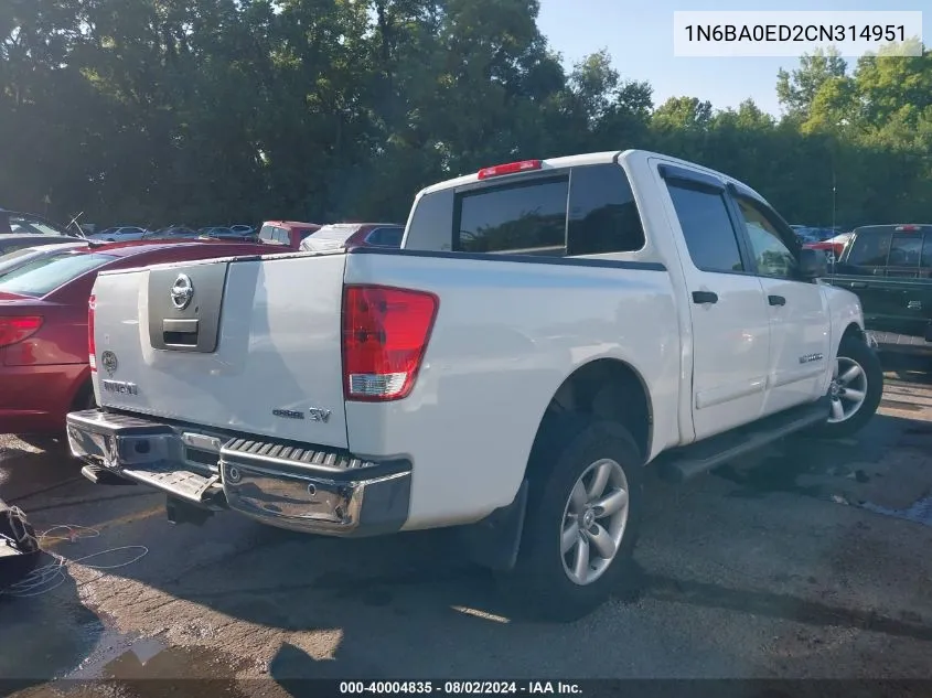 2012 Nissan Titan Sv VIN: 1N6BA0ED2CN314951 Lot: 40004835