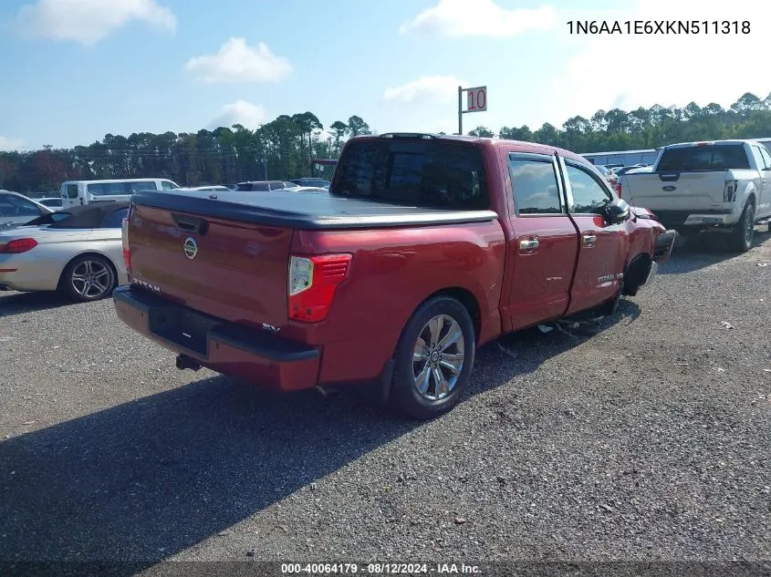 2019 Nissan Titan Sv VIN: 1N6AA1E6XKN511318 Lot: 40064179