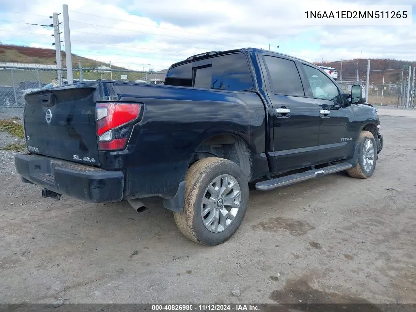 2021 Nissan Titan Sl 4X4 VIN: 1N6AA1ED2MN511265 Lot: 40826980