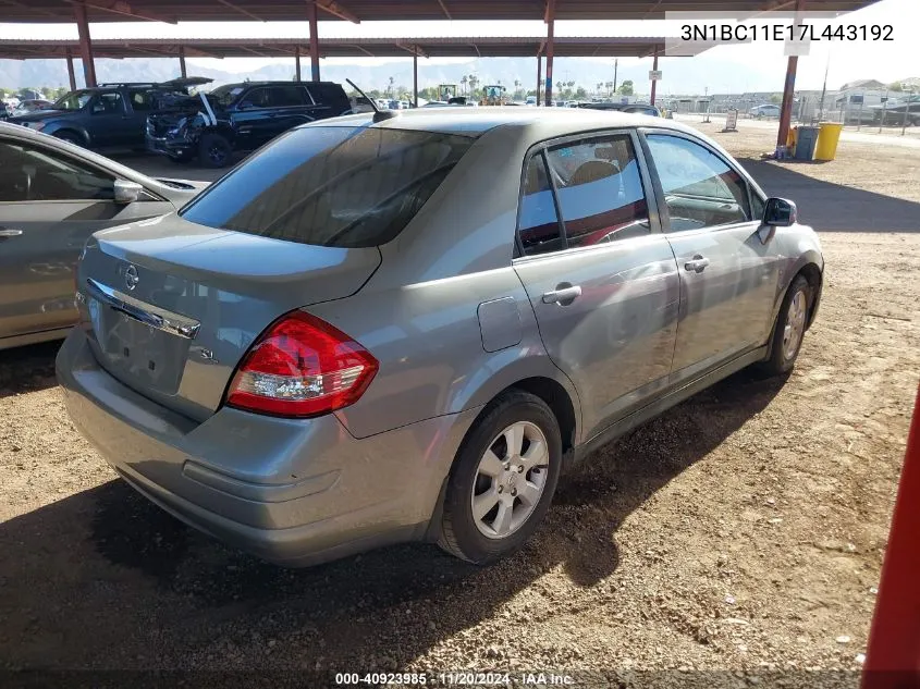 2007 Nissan Versa 1.8Sl VIN: 3N1BC11E17L443192 Lot: 40923985