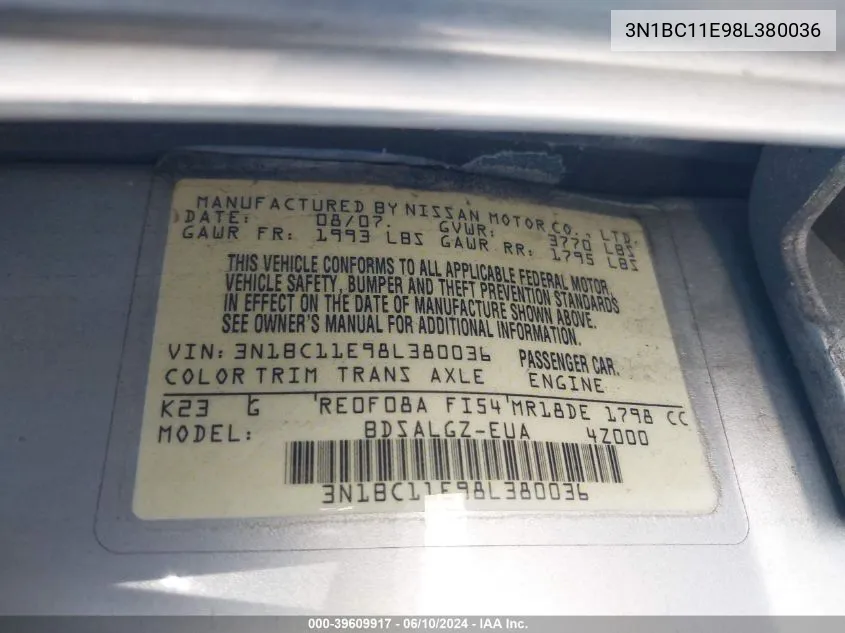 3N1BC11E98L380036 2008 Nissan Versa 1.8Sl