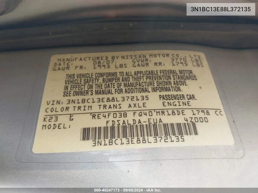 3N1BC13E88L372135 2008 Nissan Versa 1.8S