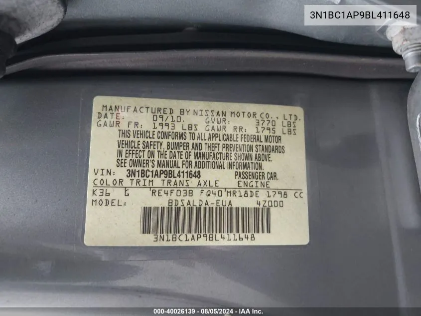 2011 Nissan Versa 1.8S VIN: 3N1BC1AP9BL411648 Lot: 40026139