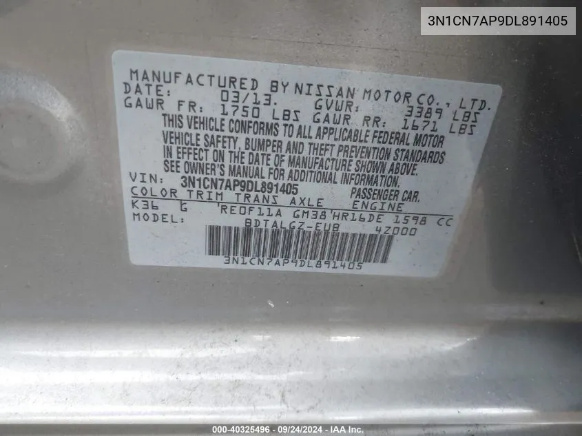 3N1CN7AP9DL891405 2013 Nissan Versa S/S Plus/Sv/Sl