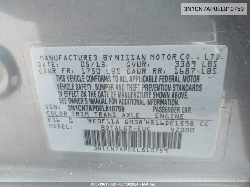 3N1CN7AP0EL810759 2014 Nissan Versa 1.6 Sl