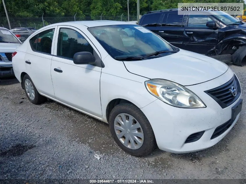 2014 Nissan Versa 1.6 S+ VIN: 3N1CN7AP3EL807502 Lot: 39844817