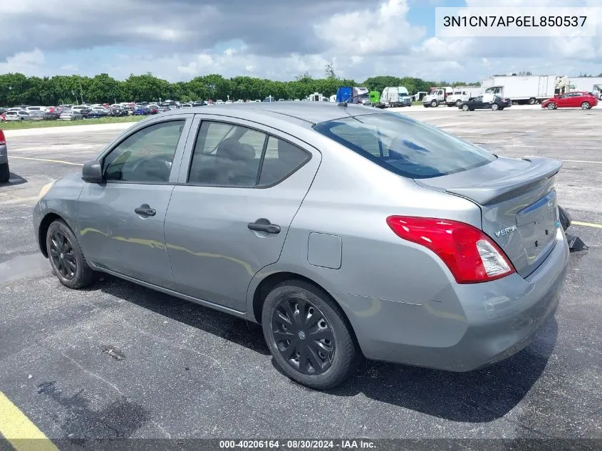 2014 Nissan Versa 1.6 S+ VIN: 3N1CN7AP6EL850537 Lot: 40206164