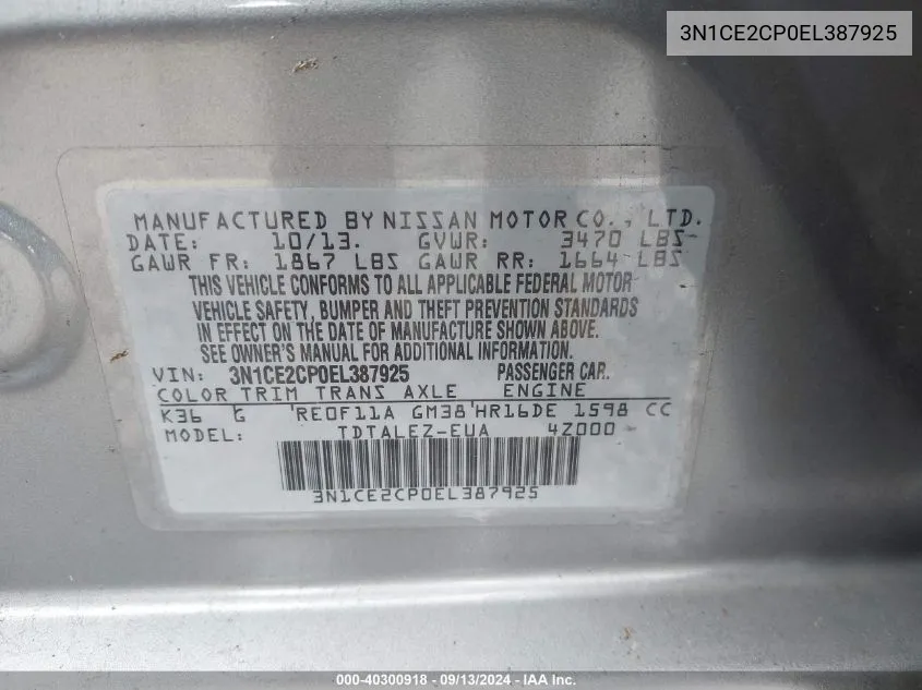 3N1CE2CP0EL387925 2014 Nissan Versa Note Sv