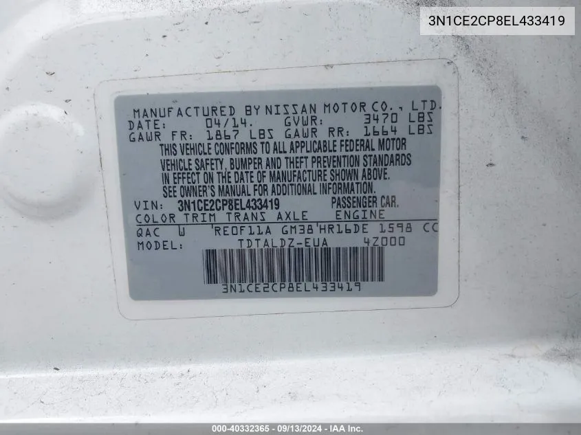 3N1CE2CP8EL433419 2014 Nissan Versa Note S/S Plus/Sv/Sl