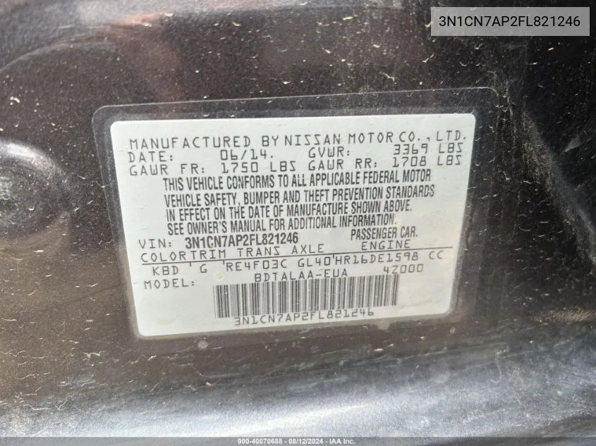 3N1CN7AP2FL821246 2015 Nissan Versa 1.6 S