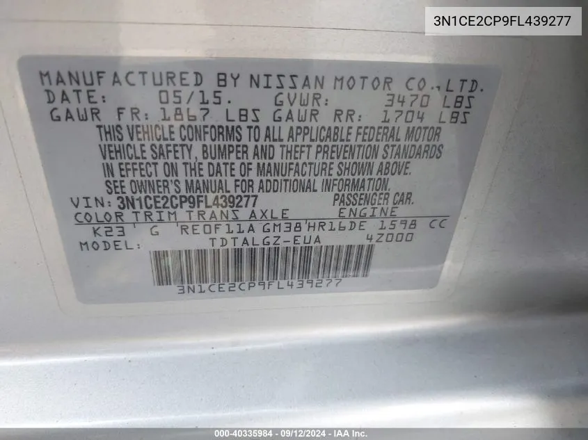 3N1CE2CP9FL439277 2015 Nissan Versa Note Sr