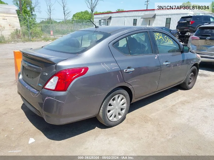 2016 Nissan Versa 1.6 S/1.6 S+/1.6 Sl/1.6 Sv VIN: 3N1CN7AP3GL818034 Lot: 39325305