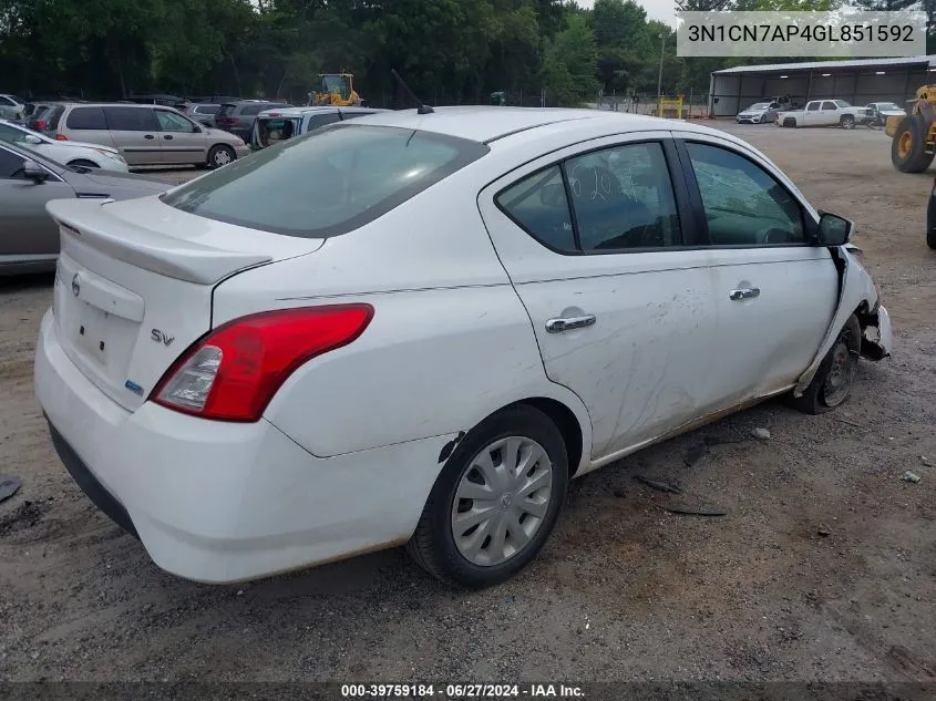 2016 Nissan Versa 1.6 S/1.6 S+/1.6 Sl/1.6 Sv VIN: 3N1CN7AP4GL851592 Lot: 39759184