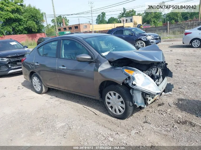 2016 Nissan Versa 1.6 S/1.6 S+/1.6 Sl/1.6 Sv VIN: 3N1CN7AP5GL840942 Lot: 39781613