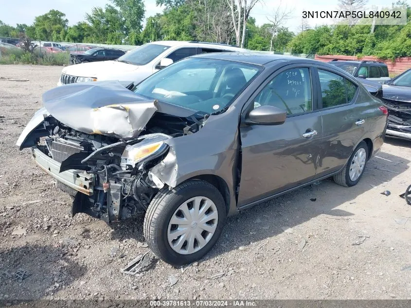 2016 Nissan Versa 1.6 S/1.6 S+/1.6 Sl/1.6 Sv VIN: 3N1CN7AP5GL840942 Lot: 39781613