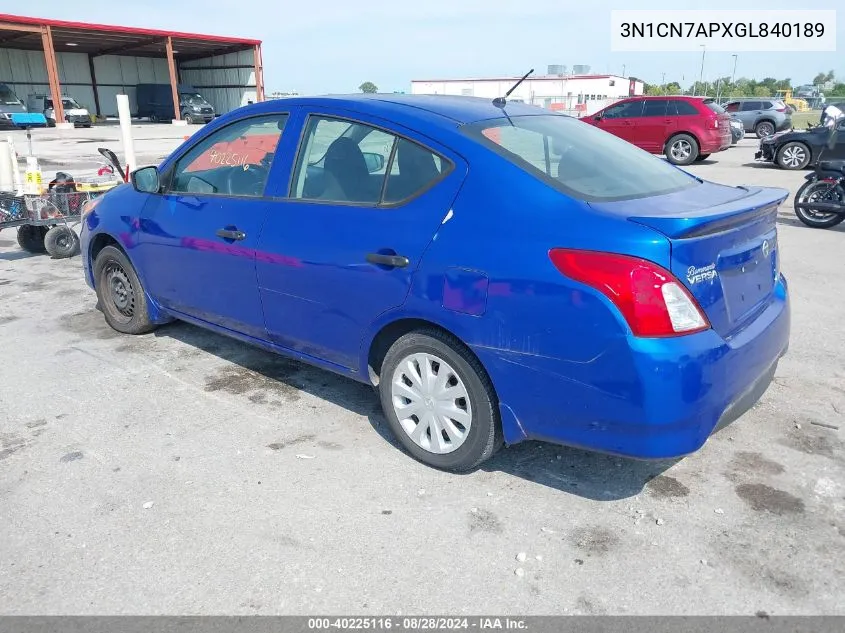 2016 Nissan Versa 1.6 S+ VIN: 3N1CN7APXGL840189 Lot: 40225116