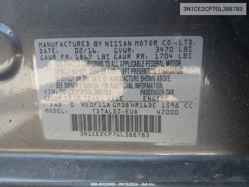 3N1CE2CP7GL388783 2016 Nissan Versa Note Sv