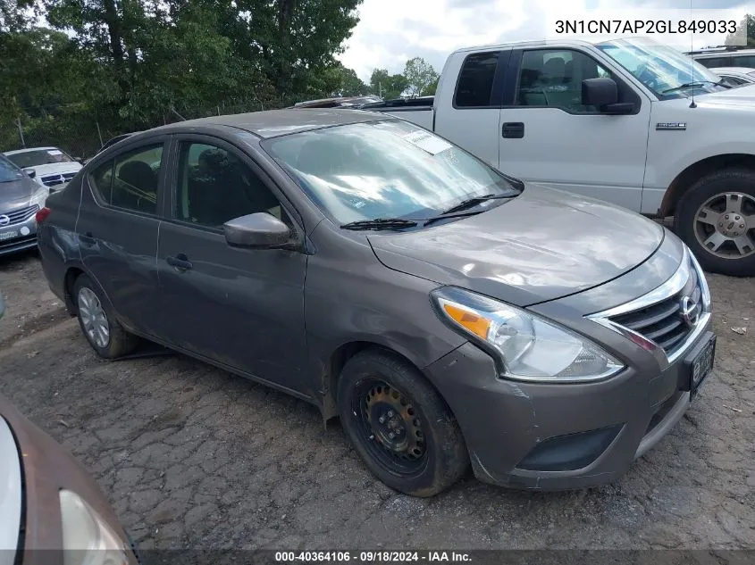 2016 Nissan Versa 1.6 S+ VIN: 3N1CN7AP2GL849033 Lot: 40364106