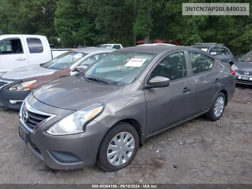 2016 Nissan Versa 1.6 S+ VIN: 3N1CN7AP2GL849033 Lot: 40364106