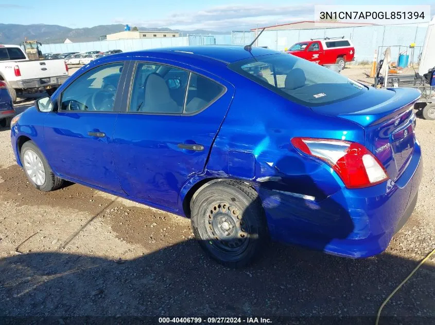 2016 Nissan Versa 1.6 S/1.6 S+/1.6 Sl/1.6 Sv VIN: 3N1CN7AP0GL851394 Lot: 40406799