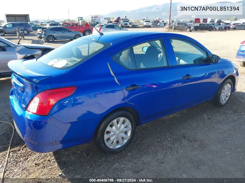 2016 Nissan Versa 1.6 S/1.6 S+/1.6 Sl/1.6 Sv VIN: 3N1CN7AP0GL851394 Lot: 40406799