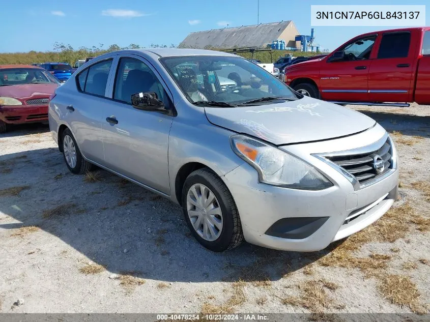 2016 Nissan Versa 1.6 S+ VIN: 3N1CN7AP6GL843137 Lot: 40478254