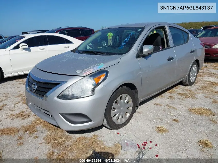 2016 Nissan Versa 1.6 S+ VIN: 3N1CN7AP6GL843137 Lot: 40478254