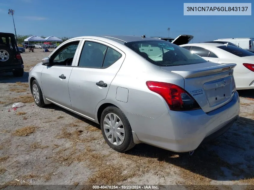 2016 Nissan Versa 1.6 S+ VIN: 3N1CN7AP6GL843137 Lot: 40478254