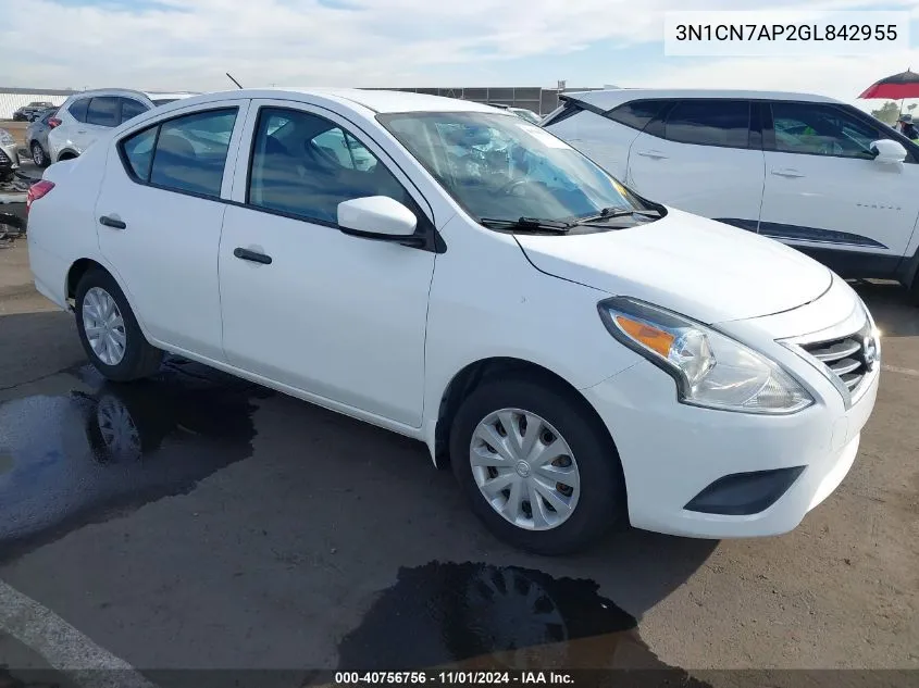 2016 Nissan Versa 1.6 S VIN: 3N1CN7AP2GL842955 Lot: 40756756