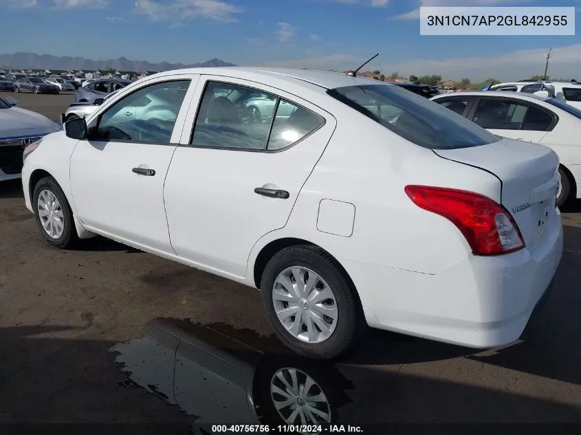 2016 Nissan Versa 1.6 S VIN: 3N1CN7AP2GL842955 Lot: 40756756