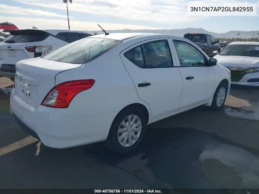 2016 Nissan Versa 1.6 S VIN: 3N1CN7AP2GL842955 Lot: 40756756