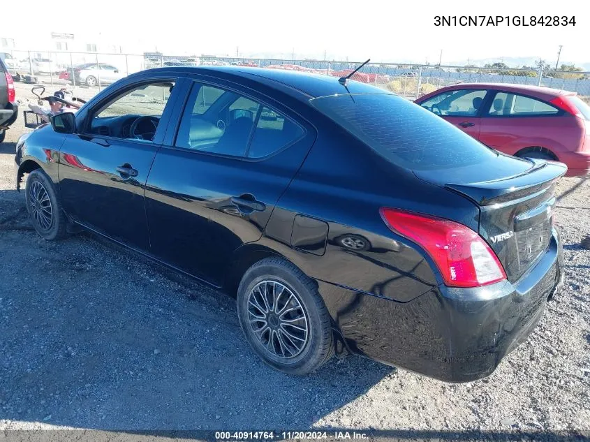 2016 Nissan Versa 1.6 S+ VIN: 3N1CN7AP1GL842834 Lot: 40914764