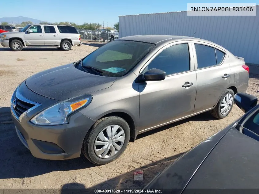 2016 Nissan Versa 1.6 S+ VIN: 3N1CN7AP0GL835406 Lot: 40917628