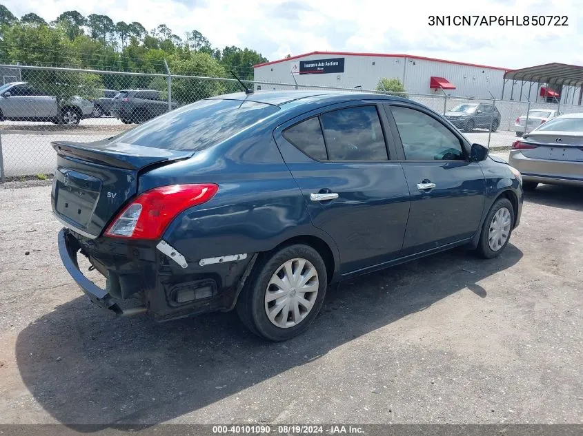 2017 Nissan Versa 1.6 Sv VIN: 3N1CN7AP6HL850722 Lot: 40101090