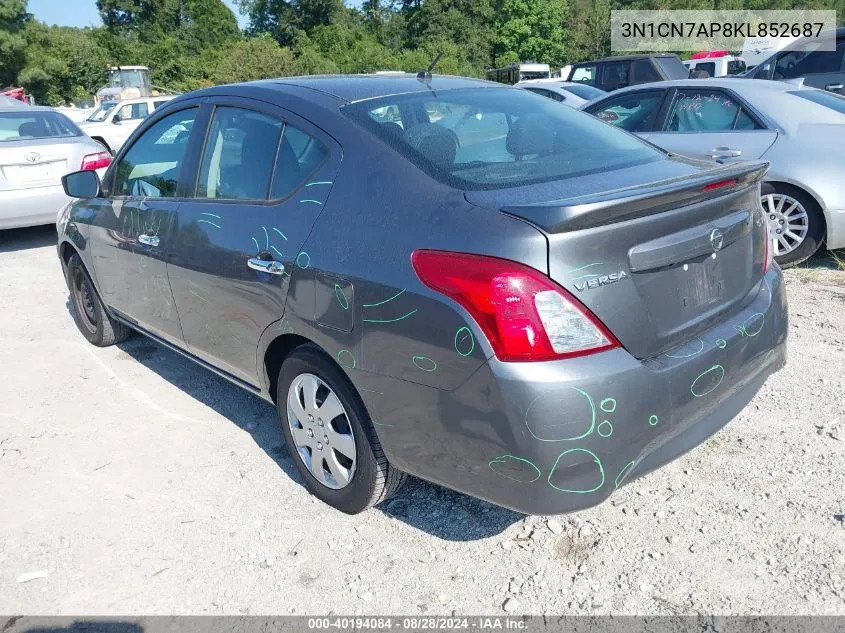 2019 Nissan Versa 1.6 Sv VIN: 3N1CN7AP8KL852687 Lot: 40194084