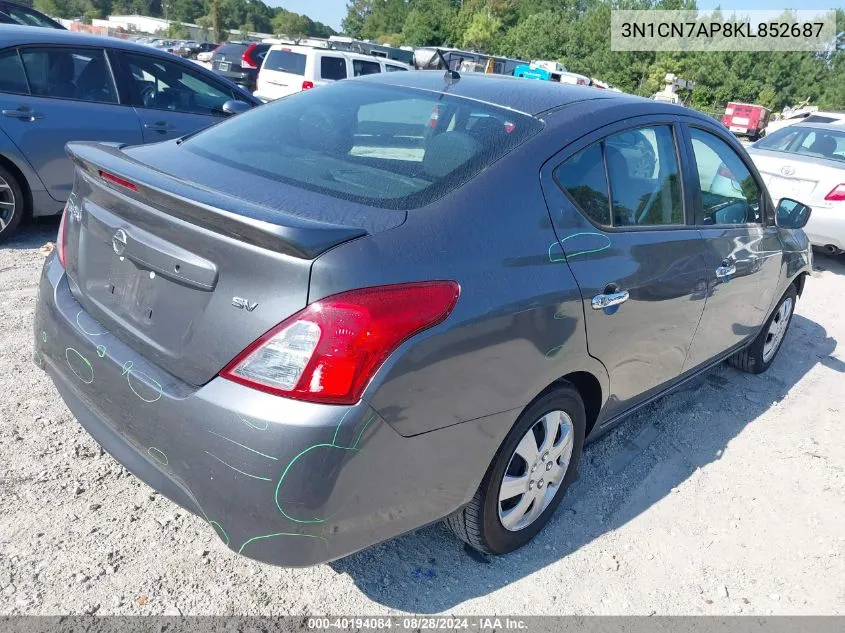 2019 Nissan Versa 1.6 Sv VIN: 3N1CN7AP8KL852687 Lot: 40194084