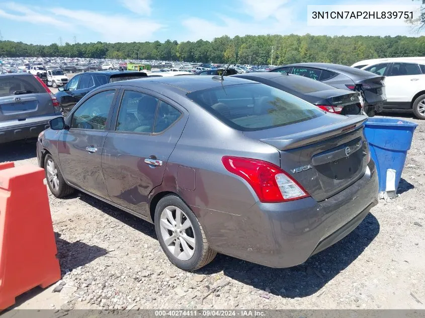 3N1CN7AP2HL839751 2017 Nissan Versa 1.6 Sl