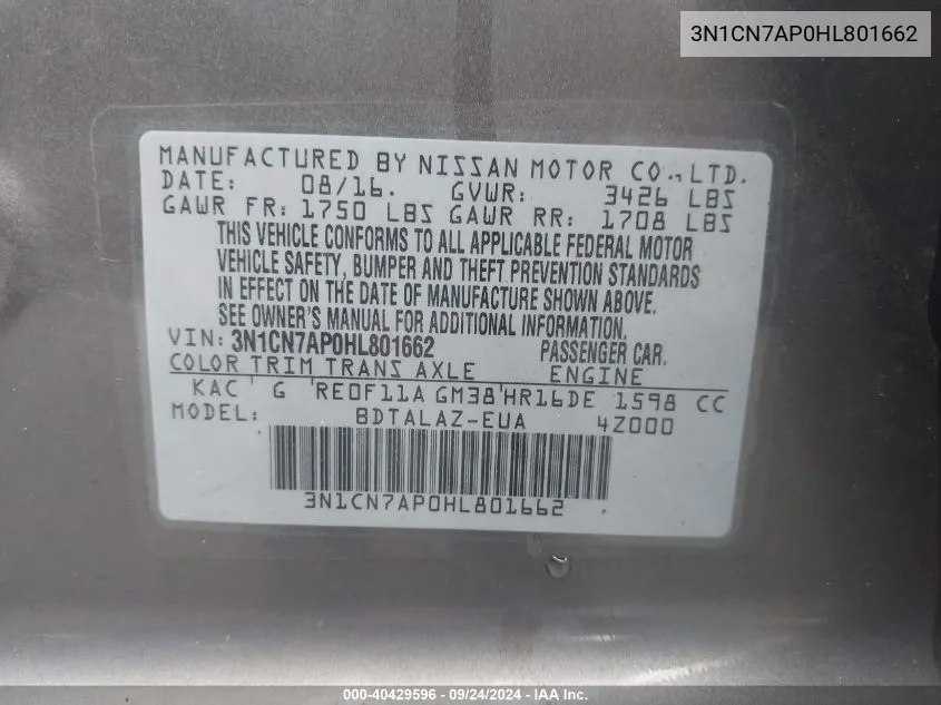 3N1CN7AP0HL801662 2017 Nissan Versa 1.6 S+