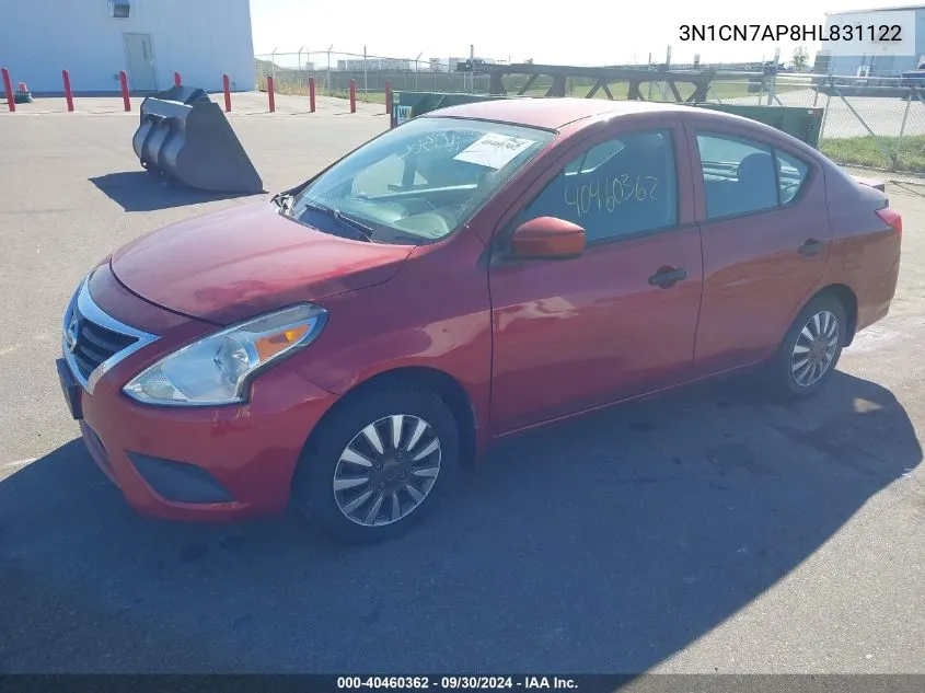 2017 Nissan Versa 1.6 S+ VIN: 3N1CN7AP8HL831122 Lot: 40460362