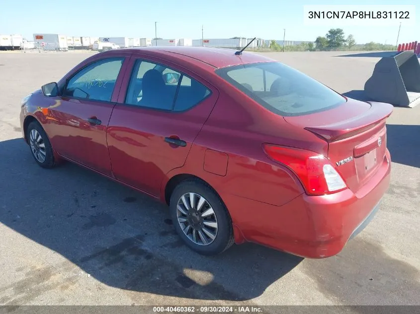 2017 Nissan Versa 1.6 S+ VIN: 3N1CN7AP8HL831122 Lot: 40460362