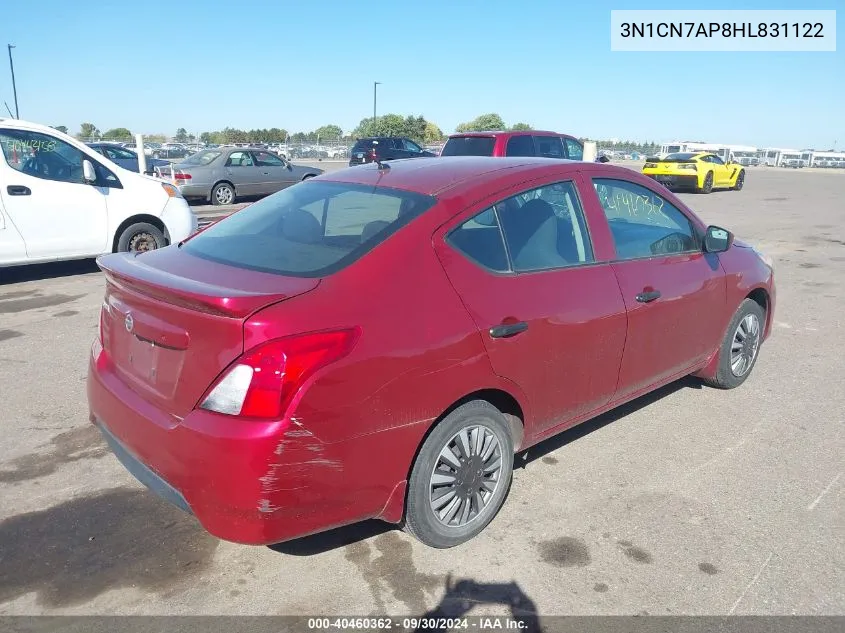 2017 Nissan Versa 1.6 S+ VIN: 3N1CN7AP8HL831122 Lot: 40460362