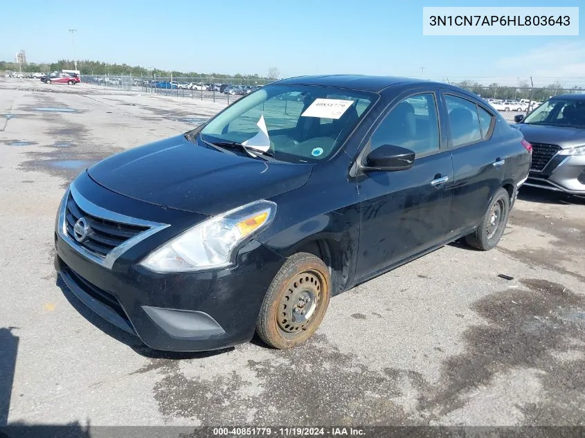 2017 Nissan Versa 1.6 S/1.6 S+/1.6 Sl/1.6 Sv VIN: 3N1CN7AP6HL803643 Lot: 40851779