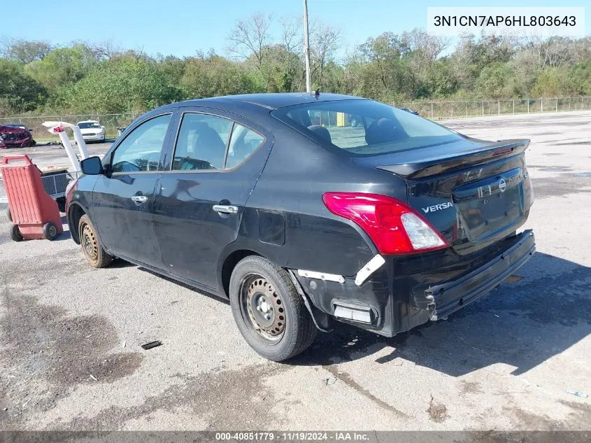 2017 Nissan Versa 1.6 S/1.6 S+/1.6 Sl/1.6 Sv VIN: 3N1CN7AP6HL803643 Lot: 40851779