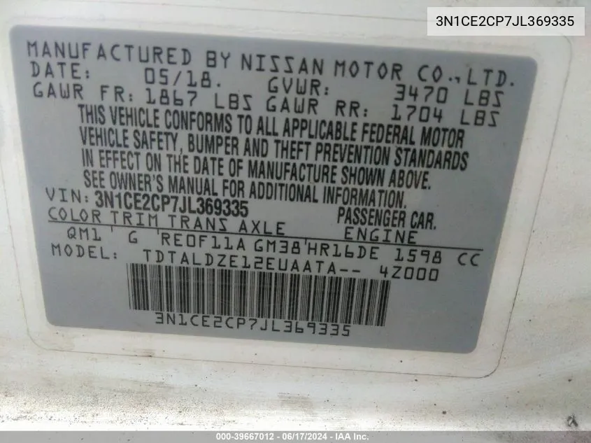 3N1CE2CP7JL369335 2018 Nissan Versa Note Sv