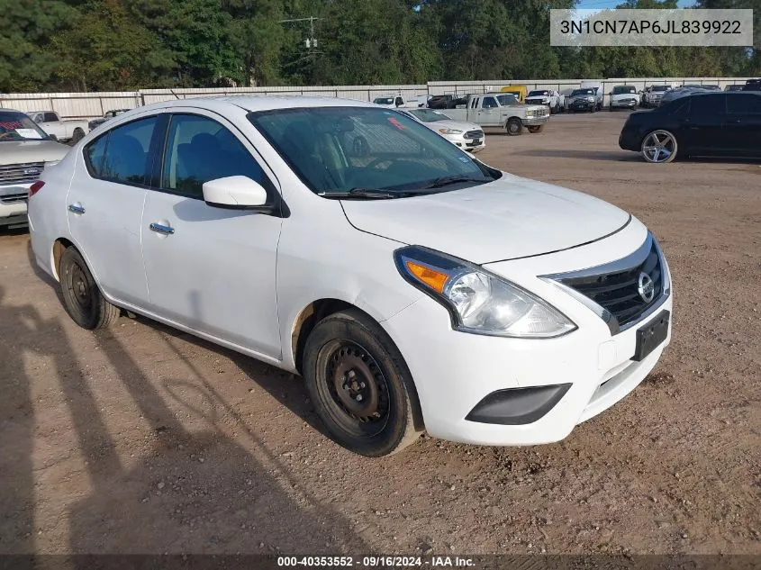 3N1CN7AP6JL839922 2018 Nissan Versa 1.6 Sv