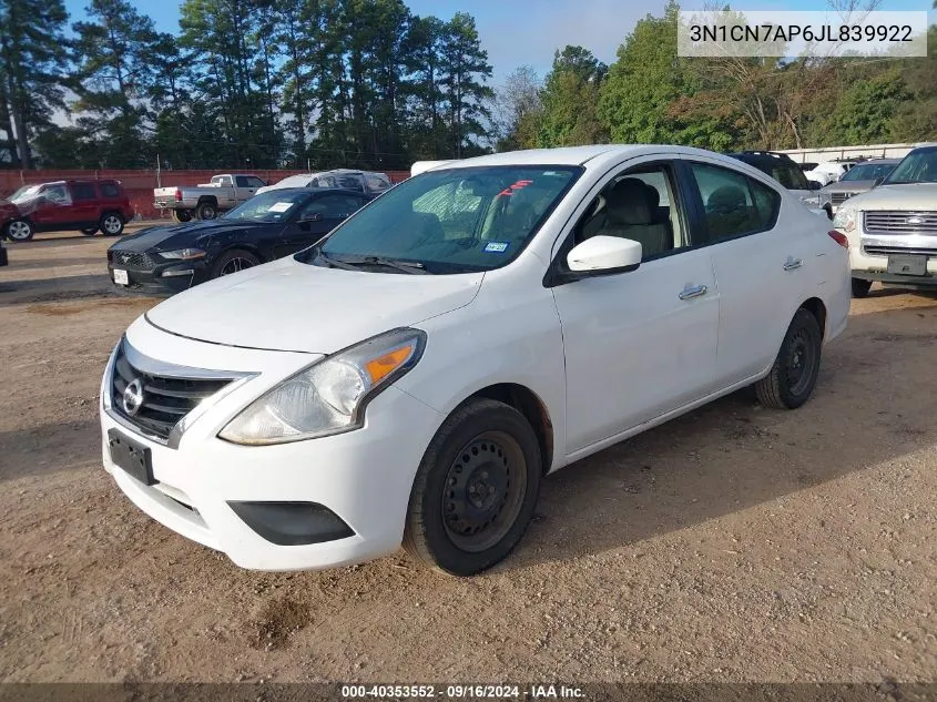 3N1CN7AP6JL839922 2018 Nissan Versa 1.6 Sv