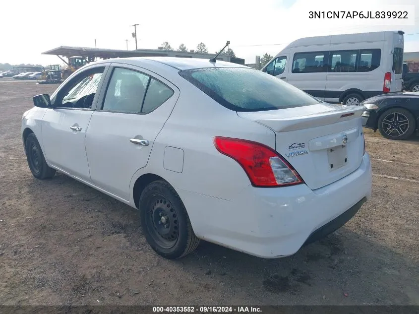 2018 Nissan Versa 1.6 Sv VIN: 3N1CN7AP6JL839922 Lot: 40353552